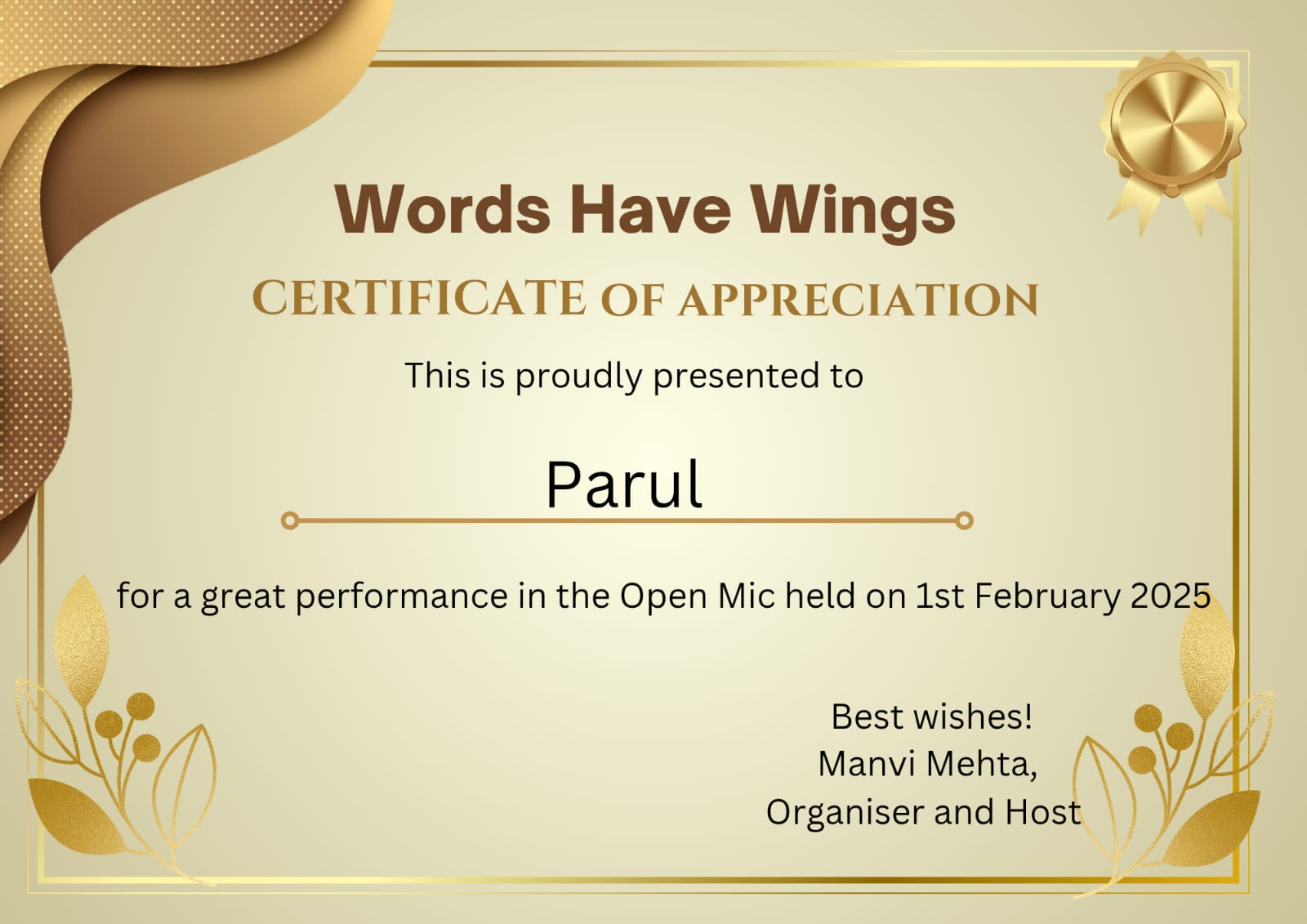 Certificate of Appreciation for Parul